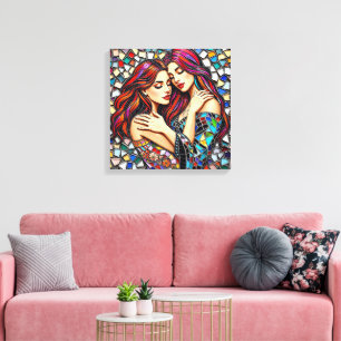 Two Women in Love Faux Mosaic Tile Style Canvas Print