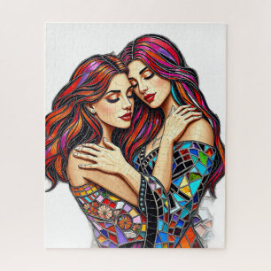 Two Women in Love Faux Mosaic Tile Style Jigsaw Puzzle