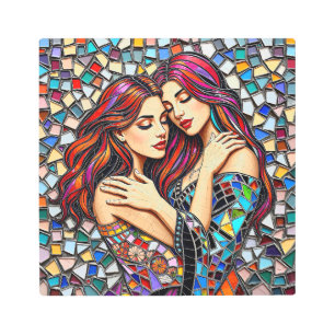 Two Women in Love Faux Mosaic Tile Style Metal Print
