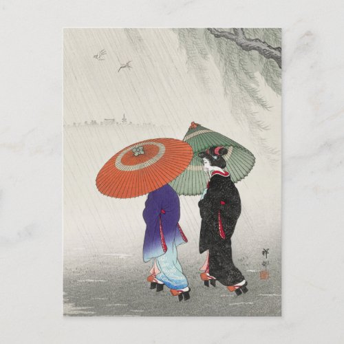 Two Women in the Rain Painting by Ohara Koson Postcard