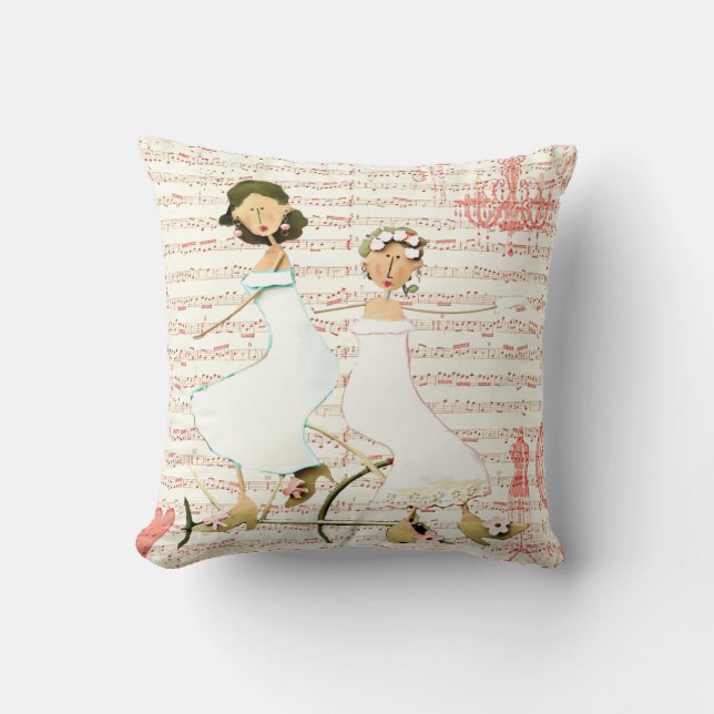 Two Women on a Vintage Bicycle Throw Pillow (Front)
