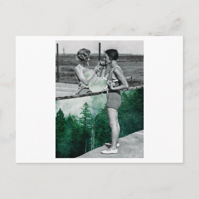 Two women playing tennis and smoking. Collage Art. Postcard (Front)