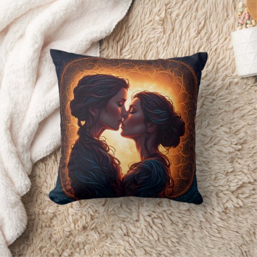 Two Women Sharing a Kiss at Dusk Throw Pillow