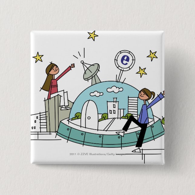 Two women sitting on top of a city button (Front)