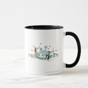 Two women sitting on top of a city mug