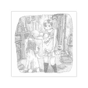 Two women's illustrations carrying a rabbit trembl self-inking stamp
