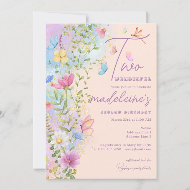 Two Wonderful Wildflowers Garden Girl 2nd Birthday Invitation (Front)