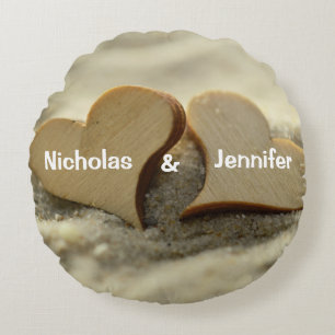 Two Wood Hearts In The Sand Beach Wedding Round Pillow