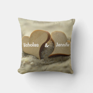 Two Wood Hearts In The Sand Beach Wedding Throw Pillow