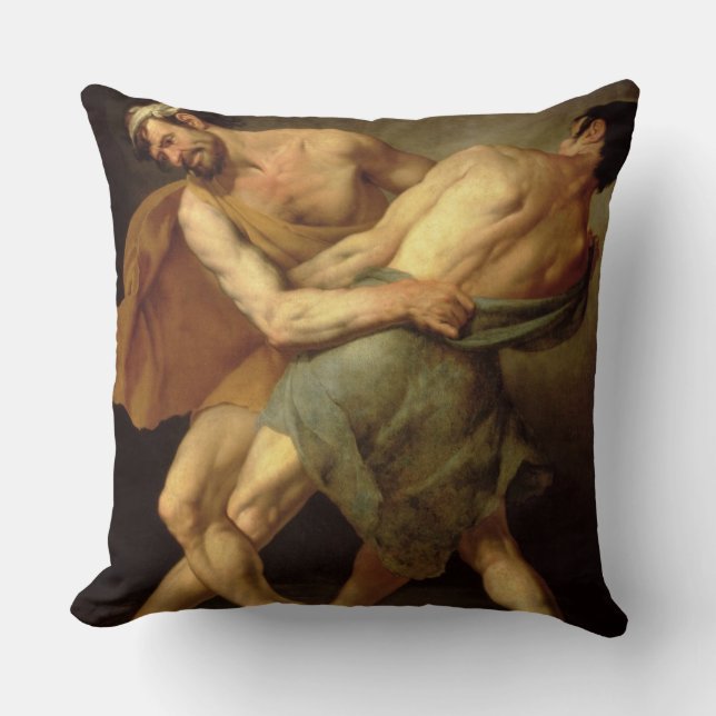 Two Wrestlers Throw Pillow (Front)
