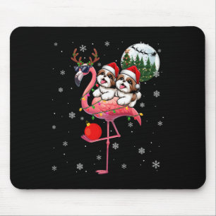 Two Xmas Shih Tzus Riding Flamingo Reindeer Sungle Mouse Pad