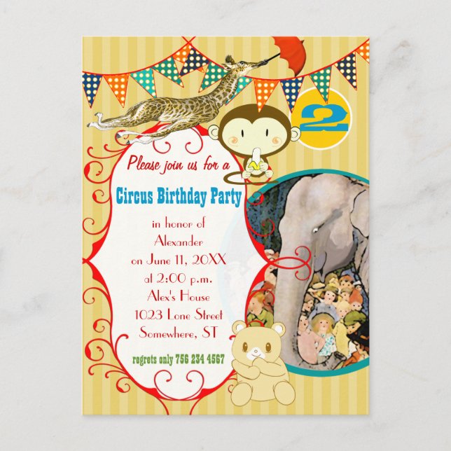 Two Year Old Circus Elephant Monkey Giraffe Party Invitation Postcard (Front)