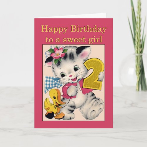 Two year old girl Birthday Card cat and duck