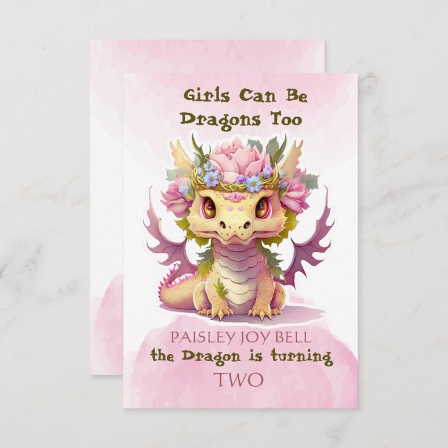 Two Year Old Girl Dragon Invitation (Front/Back)