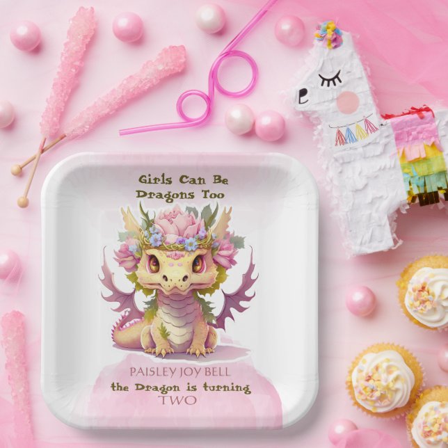 Two Year Old Girl Dragon Paper Plates (Party)