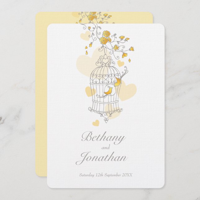 Two yellow birds open birdcage wedding invitation (Front/Back)