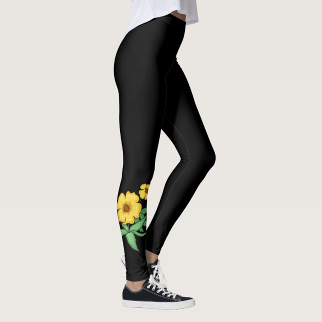 Two Yellow Flowers Design ~ Black Background ~ Leggings (Right)