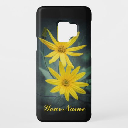 Two yellow flowers of Jerusalem artichoke. Text. Case-Mate Samsung Galaxy S9 Case