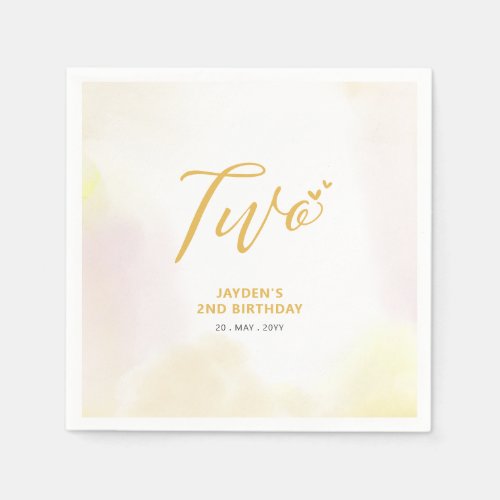 Two  Yellow Hearts  Watercolor 2nd Birthday Napkins