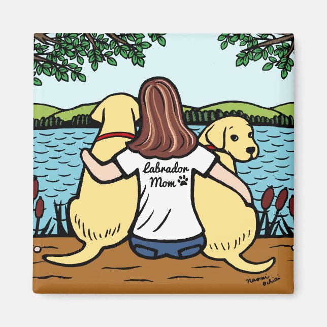 Two Yellow Labradors and Mom Long Leaves Magnet (Front)