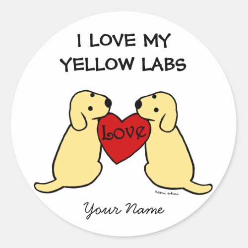 Two Yellow Labradors with Love Cartoon Classic Round Sticker