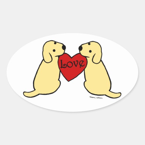 Two Yellow Labradors with Love Cartoon Oval Oval Sticker