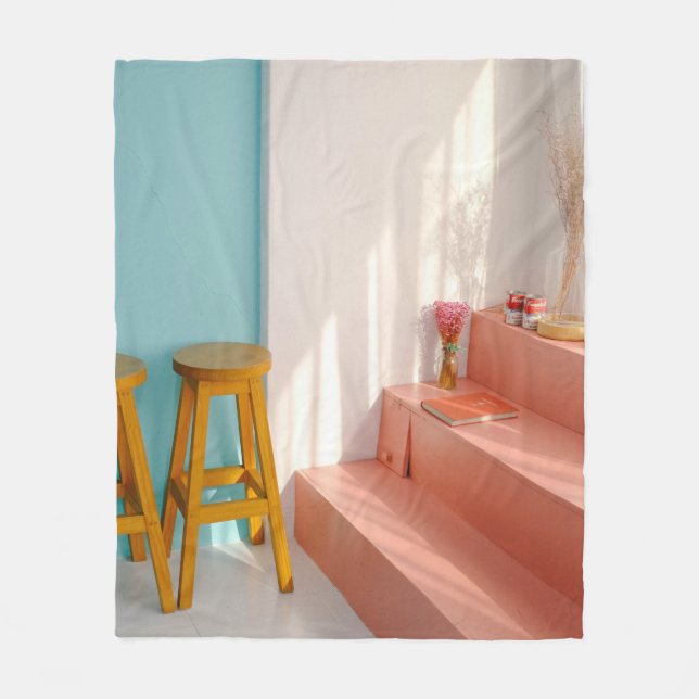 Two yellow wooden bar stools fleece blanket (Front)