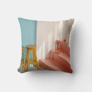 Two yellow wooden bar stools throw pillow