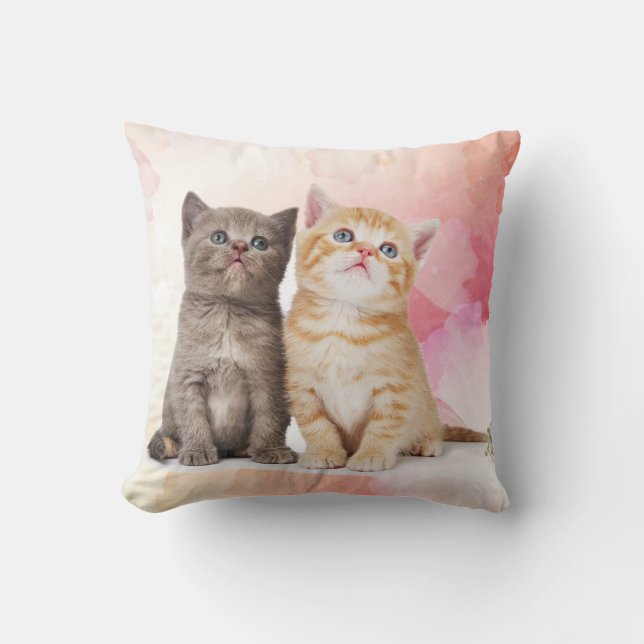 Two Young Cats Cute Grey Kitten and Yellow Kitten Throw Pillow (Front)