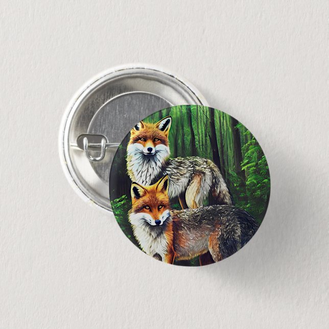 two young Foxes animal nature wildlife art   Button (Front & Back)