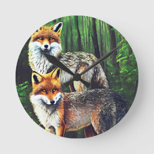two young Foxes animal nature wildlife art Round Clock