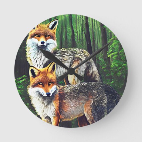 two young Foxes animal nature wildlife art  Round Clock