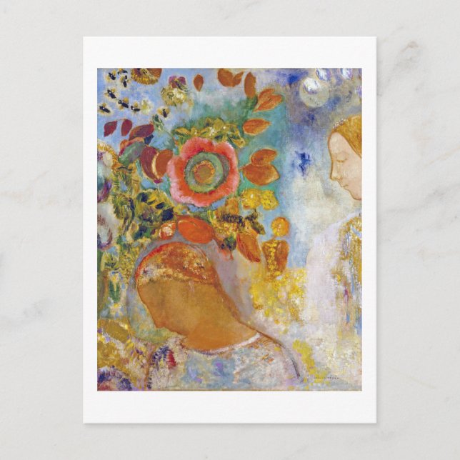 Two Young Girls among Flowers, Redon Postcard (Front)
