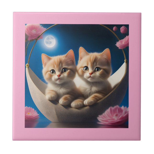 Two Young Kittens In A Basket With Pink Roses Ceramic Tile (Front)