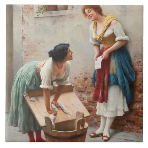 Two Young Washerwomen Sharing the News Ceramic Tile