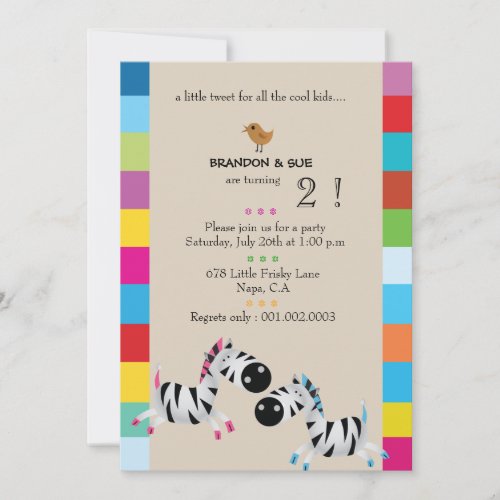 Two Zebras _ Cream twin birthday party invites