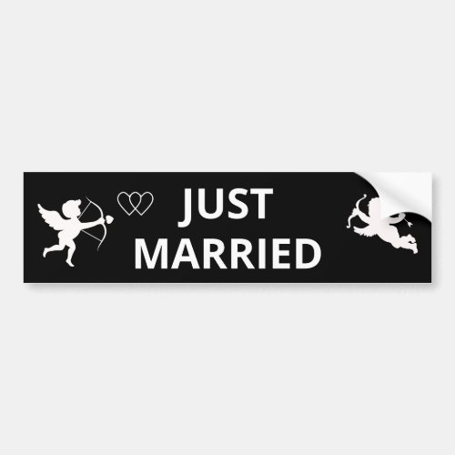 TwoCupid Angels  Just Married White Text on Black Bumper Sticker