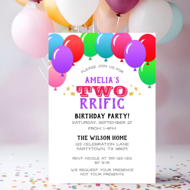 TWOrrific 2nd Birthday Balloon Banner Purple Invitation (Creator Uploaded)