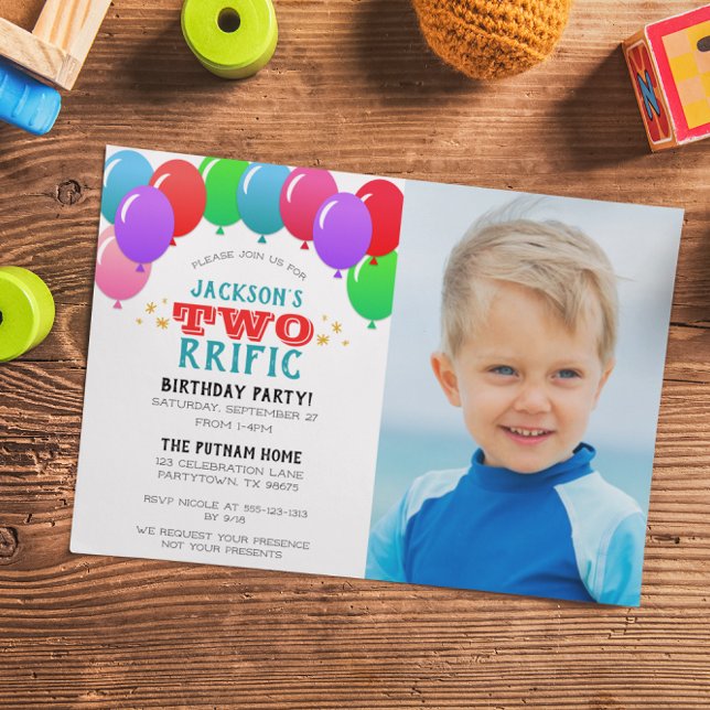 TWOrrific 2nd Birthday Balloon Blue Photo Invitation (Creator Uploaded)