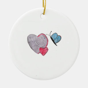 Twos Hearts with Butterfly Ceramic Ornament