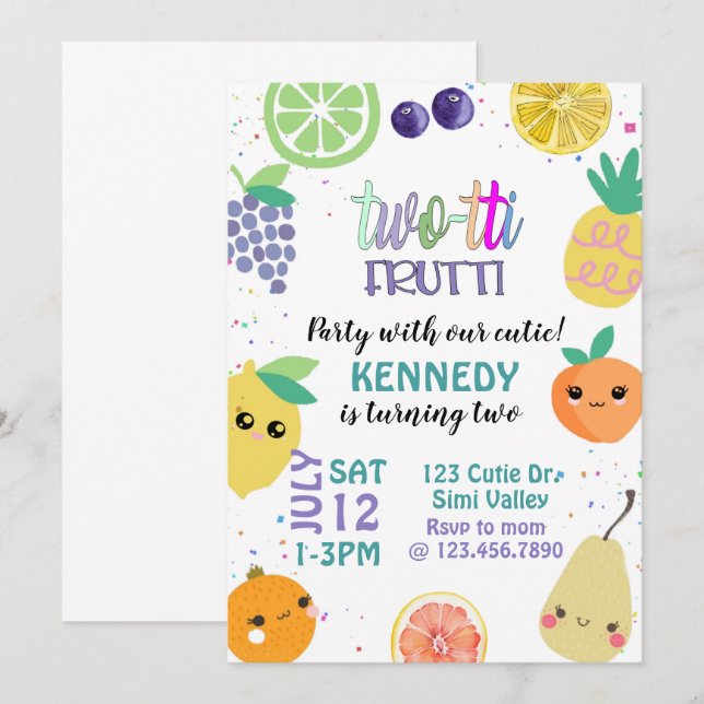Twotti Fruiti, TWO, Kids Birthday,  Invitation (Front/Back)