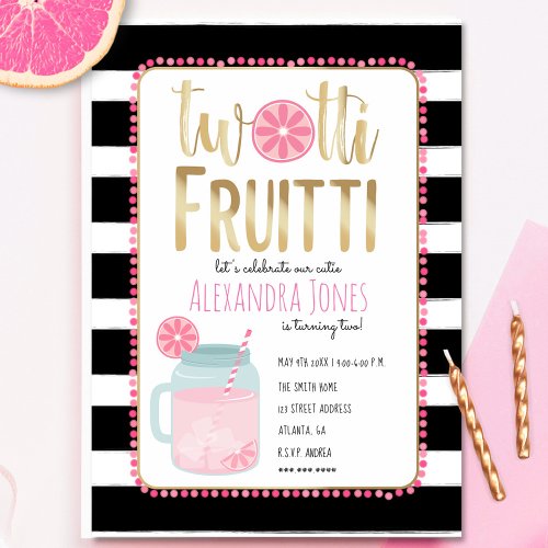 Twotti Fruitti Pink Lemon Black  White Birthday Invitation
