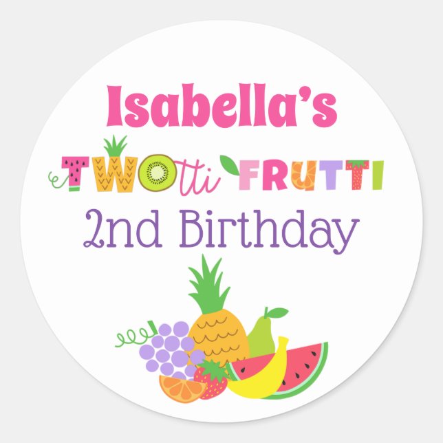 TWOtti Frutti 2nd Birthday Party Favor Stickers (Front)