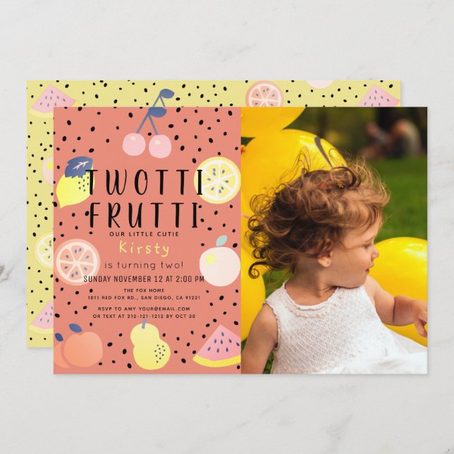 Twotti Frutti Fruit Orange Photo 2nd Birthday Invitation (Front/Back)