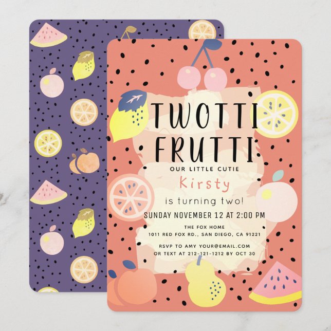 Twotti Frutti Fruit Orange Purple 2nd Birthday Invitation (Front/Back)