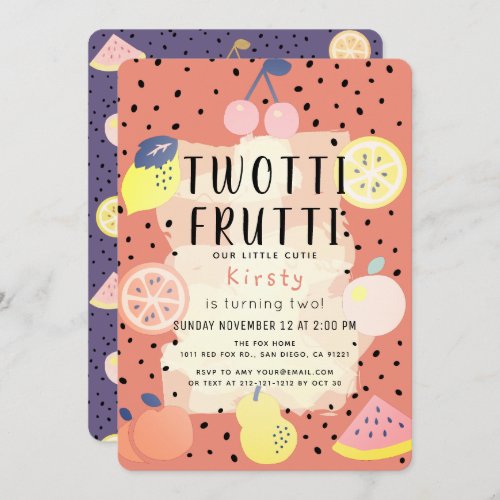 Twotti Frutti Fruit Orange Purple 2nd Birthday Invitation
