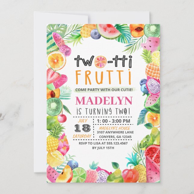 Twotti Frutti Kids Birthday Invitation (Front)