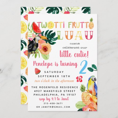 Twotti Frutti Luau Birthday Party Invitation