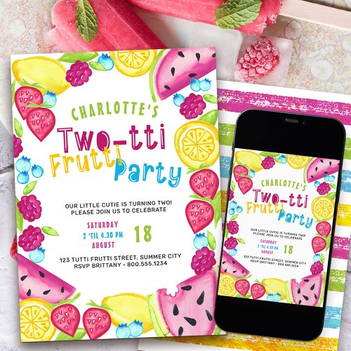 TWOtti Frutti Party Summer Fruit Cutie Turning 2 Invitation