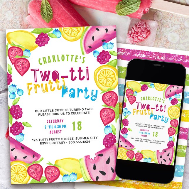 TWOtti Frutti Party Summer Fruit Cutie Turning 2 Invitation (Two-tti frutti such a cutie 2nd birthday party invitation)